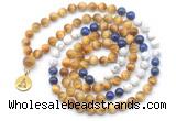 GMN6503 Knotted 8mm, 10mm golden tiger eye, lapis lazuli & matte white howlite 108 beads mala necklace with charm