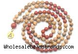 GMN6506 Knotted 8mm, 10mm picture jasper & red jasper 108 beads mala necklace with charm