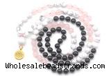 GMN6508 Knotted 8mm, 10mm black agate, rose quartz & white howlite 108 beads mala necklace with charm