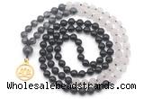 GMN6514 Knotted 8mm, 10mm black labradorite, matte rose quartz  & black agate 108 beads mala necklace with charm