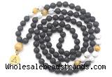 GMN6515 Knotted 8mm, 10mm black lava, matte white howlite & golden tiger eye 108 beads mala necklace with charm