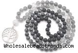 GMN6517 Knotted 8mm, 10mm black lava, black labradorite & cloudy quartz 108 beads mala necklace with charm