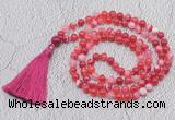 GMN674 Hand-knotted 8mm, 10mm red banded agate 108 beads mala necklaces with tassel