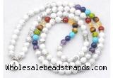 GMN7074 7 Chakra 8mm white howlite 108 mala beads wrap bracelet necklaces