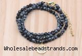 GMN7522 4mm faceted round tiny snowflake obsidian beaded necklace with letter charm