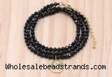 GMN7545 4mm faceted round tiny black onyx beaded necklace with letter charm