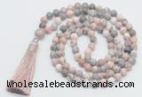 GMN816 Hand-knotted 8mm, 10mm pink zebra jasper 108 beads mala necklace with tassel