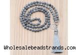 GMN8217 18 - 36 inches 8mm grey picture jasper 54, 108 beads mala necklace with tassel