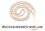 GMN8414 8mm, 10mm white fossil jasper 27, 54, 108 beads mala necklace with tassel