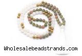 GMN8553 8mm, 10mm unakite, white jade & hematite 108 beads mala necklace with tassel