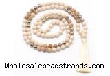 GMN8555 8mm, 10mm white fossil jasper, picture jasper & hematite 108 beads mala necklace with tassel