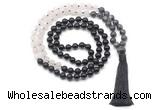 GMN8560 8mm, 10mm black labradorite, matte rose quartz & black agate 108 beads mala necklace with tassel