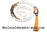 GMN8563 8mm, 10mm matte white howlite & mixed gemstone 108 beads mala necklace with tassel