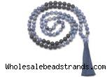 GMN8573 8mm, 10mm blue spot stone & black lava 108 beads mala necklace with tassel