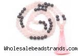 GMN8582 8mm, 10mm rose quartz & garnet 108 beads mala necklace with tassel