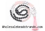 GMN8583 8mm, 10mm black agate, rose quartz & white howlite 108 beads mala necklace with tassel