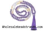 GMN8586 8mm, 10mm amethyst, citrine & white crystal 108 beads mala necklace with tassel