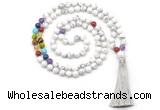 GMN8602 Hand-knotted 7 Chakra 8mm, 10mm white howlite 108 beads mala necklace with tassel