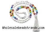 GMN8604 Hand-knotted 7 Chakra 8mm, 10mm white howlite 108 beads mala necklace with tassel