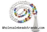 GMN8605 Hand-knotted 7 Chakra 8mm, 10mm white howlite 108 beads mala necklace with tassel