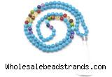 GMN8613 Hand-knotted 7 Chakra 8mm, 10mm imitation turquoise 108 beads mala necklace with tassel