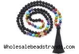 GMN8615 Hand-knotted 7 Chakra 8mm, 10mm black lava 108 beads mala necklace with tassel