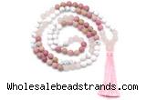 GMN8627 8mm, 10mm matte white howlite, red jasper & rose quartz 108 beads mala necklace with tassel