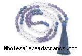 GMN8629 8mm, 10mm matte amethyst, white crystal & lapis lazuli 108 beads mala necklace with tassel