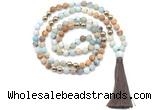 GMN8630 8mm, 10mm matte amazonite, picture jasper & hematite 108 beads mala necklace with tassel