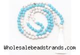 GMN8631 8mm, 10mm white & blue howlite 108 beads mala necklace with tassel