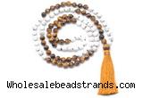 GMN8634 8mm, 10mm white howlite & yellow tiger eye 108 beads mala necklace with tassel