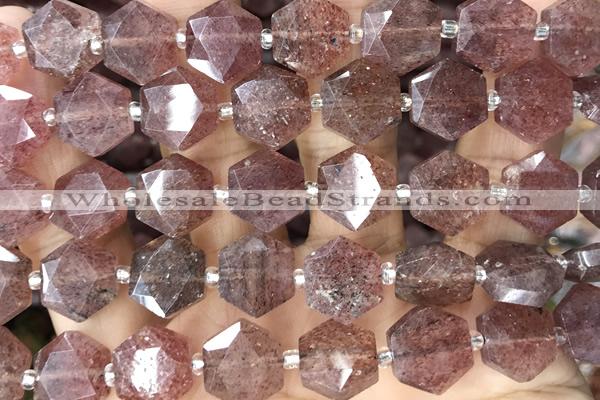 MIXE146 15 inches 12mm faceted hexagon strawberry quartz beads