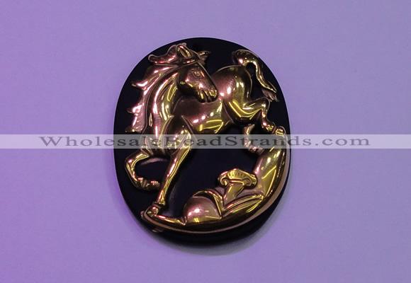 NGP2016 38*45mm carved gold plated matte black obsidian pendants