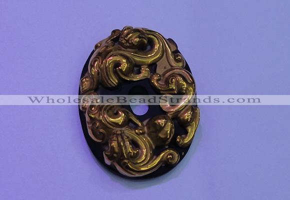 NGP2041 40*55mm carved gold plated matte black obsidian pendants