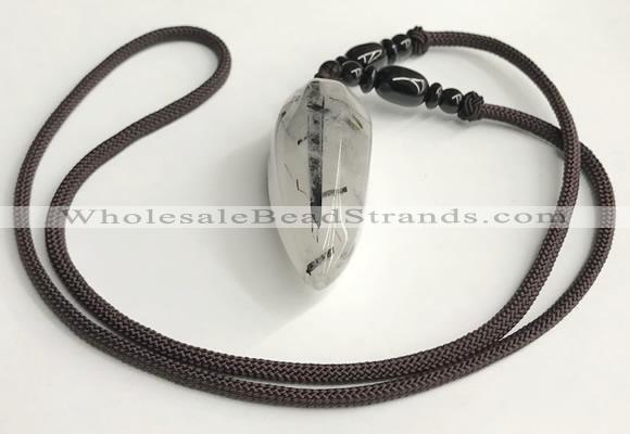 NGP5582 Black rutilated quartz teardrop pendant with nylon cord necklace