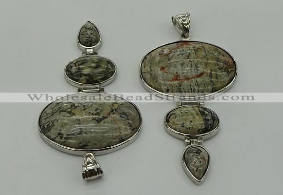 NGP8018 50*82mm - 52*86mm grey picture jasper pendant set jewelry