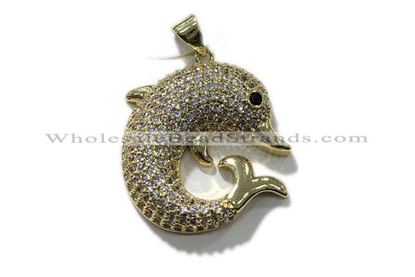 Pend162 23mm copper dolphin pendant pave zirconia gold plated